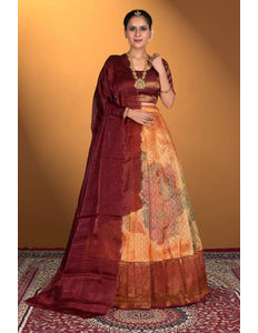 Orange Zari Tissue Silk Digital Print Lehenga Choli With Dupatta