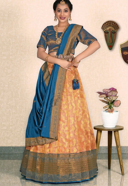 Orange Zari Tissue Silk Half Saree With Dupatta For Women