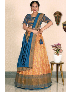 Orange Zari Tissue Silk Half Saree With Dupatta For Women