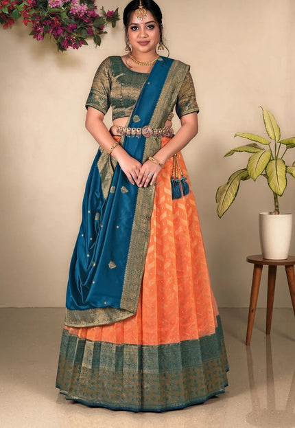 Orange Zari Tissue Silk Lehenga Choli With Dupatta For Girls