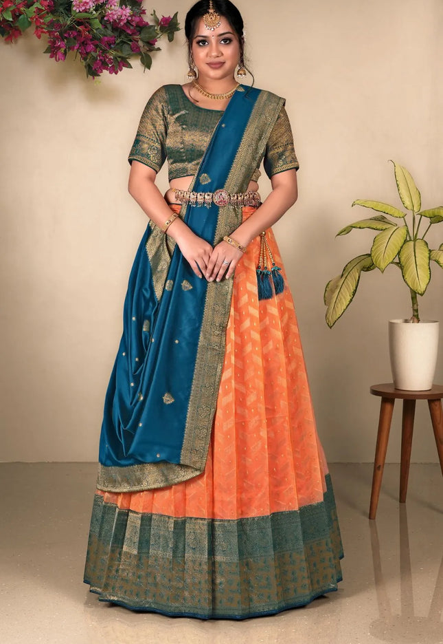 Orange Zari Tissue Silk Lehenga Choli With Dupatta For Girls