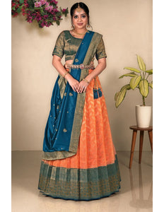 Orange Zari Tissue Silk Lehenga Choli With Dupatta For Girls