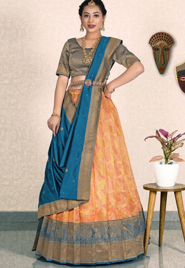 Orange Zari Tissue Silk Lehenga Choli With Dupatta For Women
