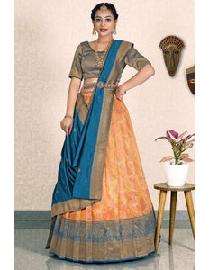 Orange Zari Tissue Silk Lehenga Choli With Dupatta For Women