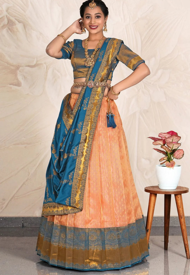 Orange Zari Tissue Silk Lehenga Choli With Dupatta For Women