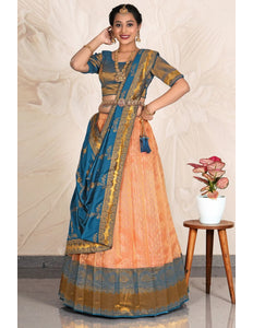 Orange Zari Tissue Silk Lehenga Choli With Dupatta For Women