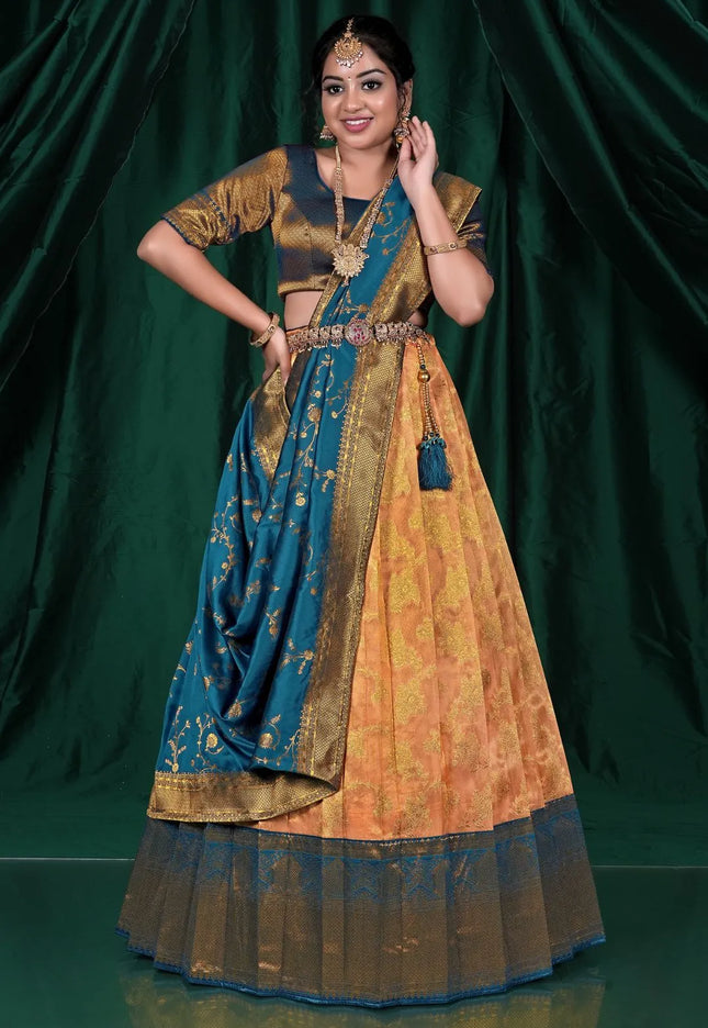 Orange Zari Tissue Silk Lehenga Choli With Zari Woven