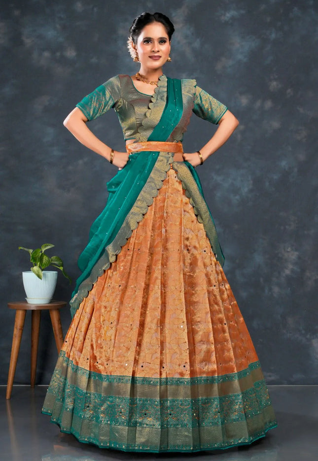Orange Zari Tissue Silk Semi-Stitched Lehenga For Women