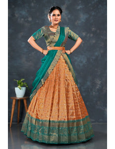 Orange Zari Tissue Silk Semi-Stitched Lehenga For Women