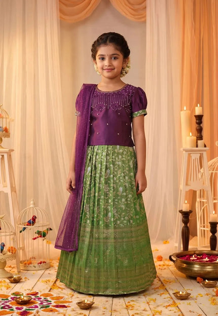 Parrot Green Banarasi Lehenga Choli Set with Wine Embroidered Top
