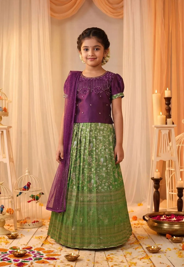 Parrot Green Banarasi Lehenga Choli Set with Wine Embroidered Top