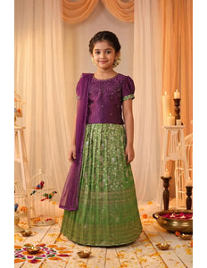 Parrot Green Banarasi Lehenga Choli Set with Wine Embroidered Top