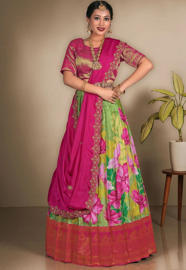 Parrot Green Banglori Slub Pattu Half Saree With Dupatta