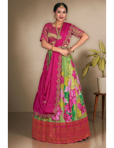 Parrot Green Banglori Slub Pattu Half Saree With Dupatta