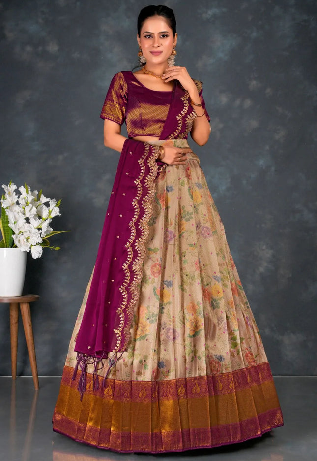 Peach Banarasi Silk Lehenga Choli With Digital Print
