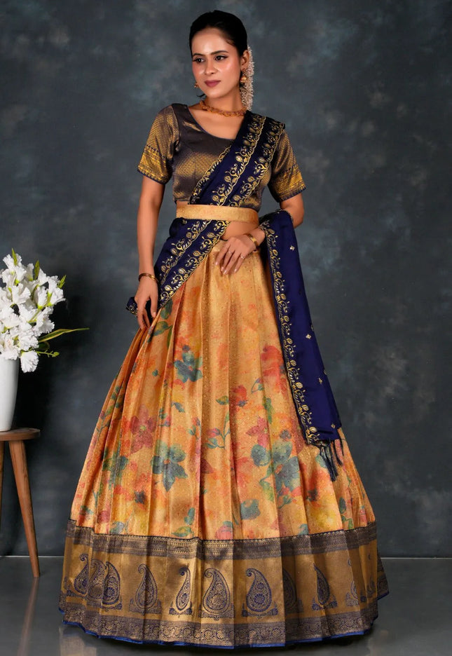Peach Banarasi Silk Digital Print Lehenga Choli For Women