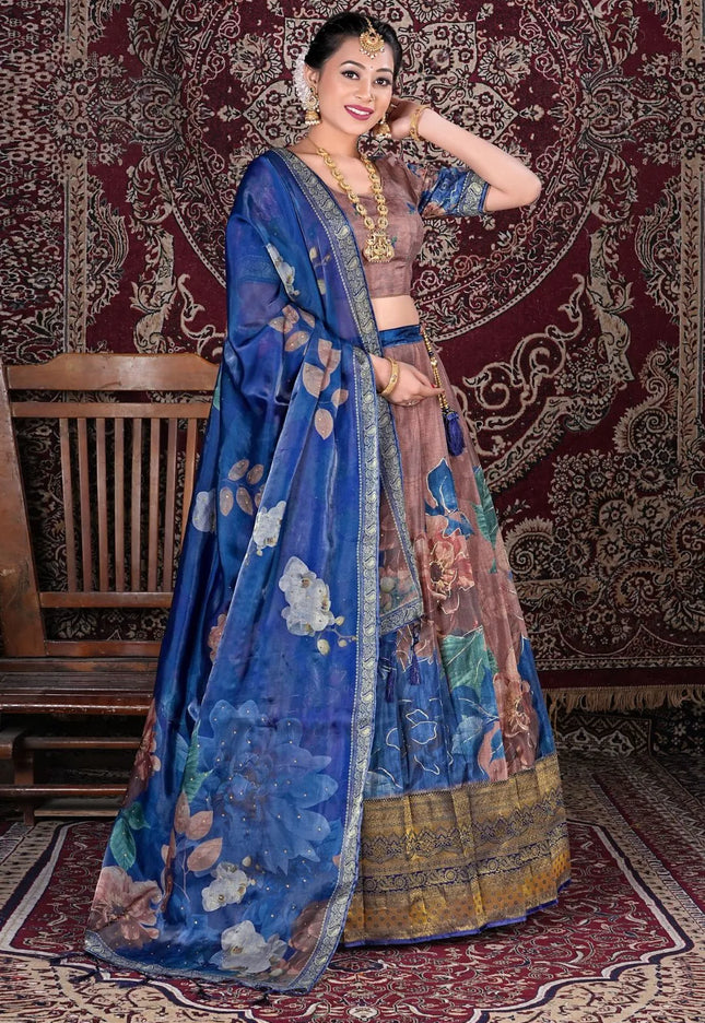 Peach Banarasi Silk Digital Print Semi-Stitched Lehenga Choli