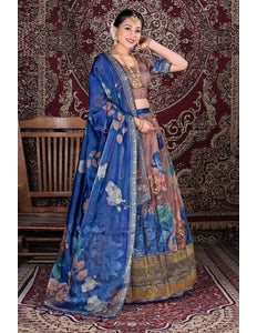 Peach Banarasi Silk Digital Print Semi-Stitched Lehenga Choli