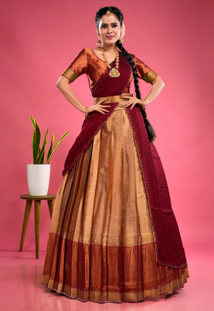 Peach Banarasi Silk Half Saree With Zari Weaving