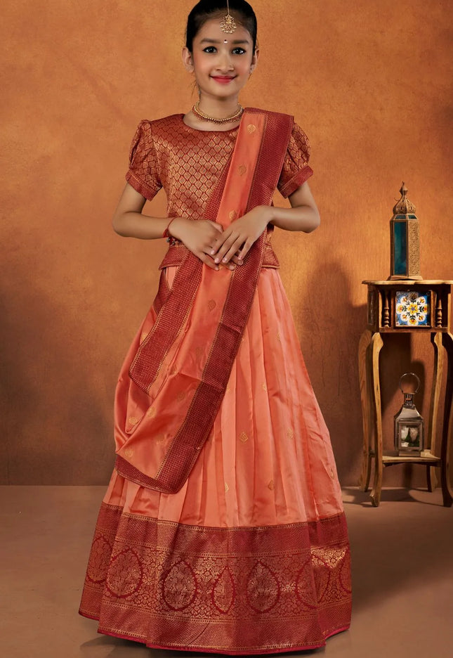 Peach Banarasi Silk Kids Lehenga Choli with Fancy Dupatta
