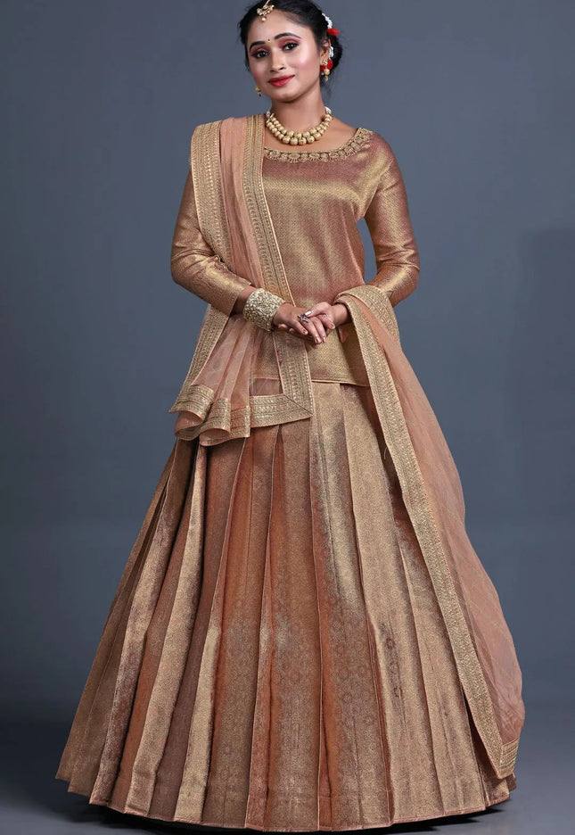 Peach Banarasi Silk Lehenga Choli For Women With Net Dupatta