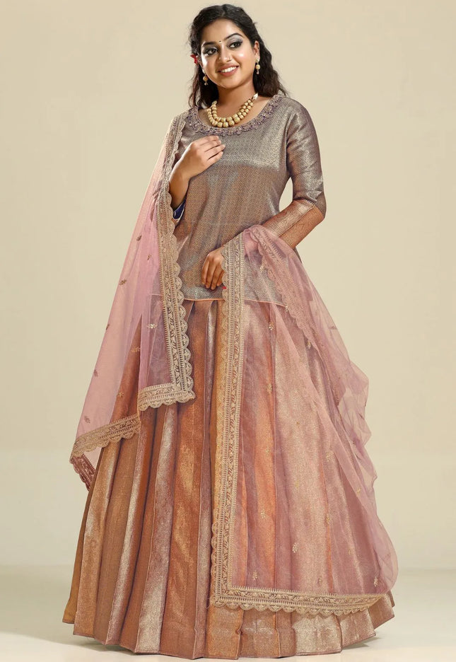 Peach Banarasi Silk Lehenga Choli For Women With Net Dupatta
