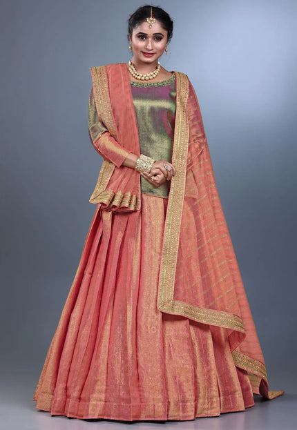 Peach Banarasi Silk Lehenga Choli For Women With Net Dupatta