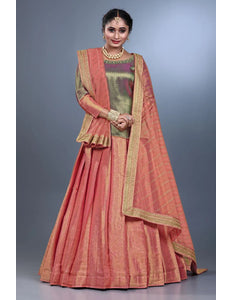 Peach Banarasi Silk Lehenga Choli For Women With Net Dupatta