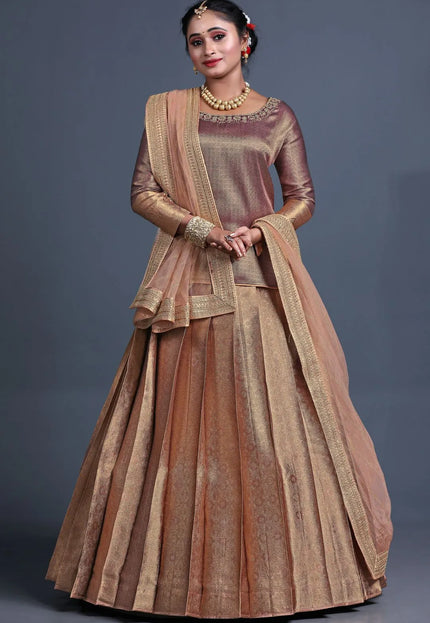 Peach Banarasi Silk Lehenga Choli For Women With Net Dupatta