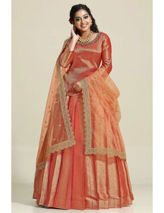 Peach Banarasi Silk Lehenga Choli For Women With Net Dupatta