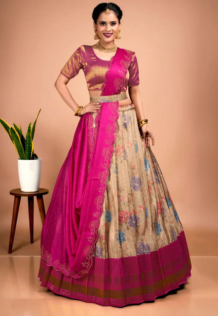 Peach Banarasi Silk Lehenga Choli With Digital Print