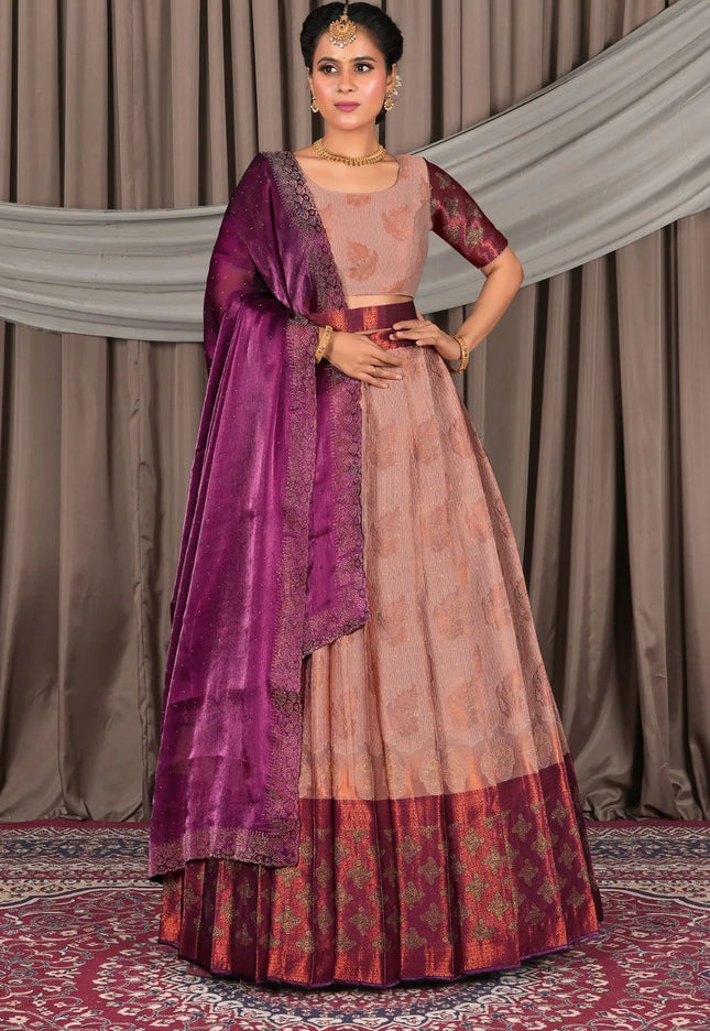 Peach Banarasi Silk Pattu Lehenga Choli With Zari Work