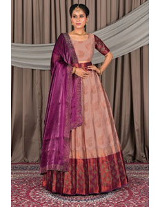 Peach Banarasi Silk Pattu Lehenga Choli With Zari Work