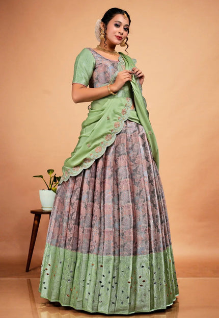 Peach Banarasi Silk Semi-Stitched Lehenga Choli For Women