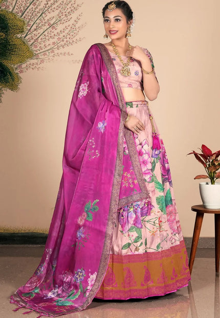 Peach Banglori Slub Lehenga Choli Ensemble For Women