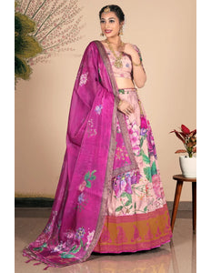 Peach Banglori Slub Lehenga Choli Ensemble For Women