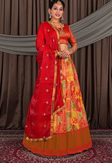 Peach Banglori Slub Lehenga Choli with Rangoli Dupatta