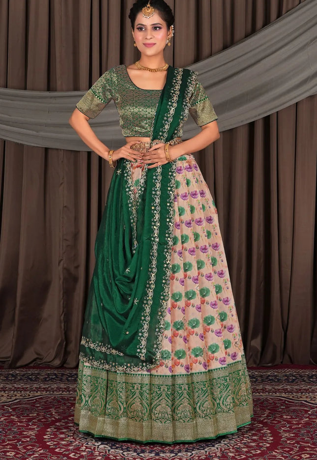 Peach Banglori Slub Semi-Stitched Lehenga For Women