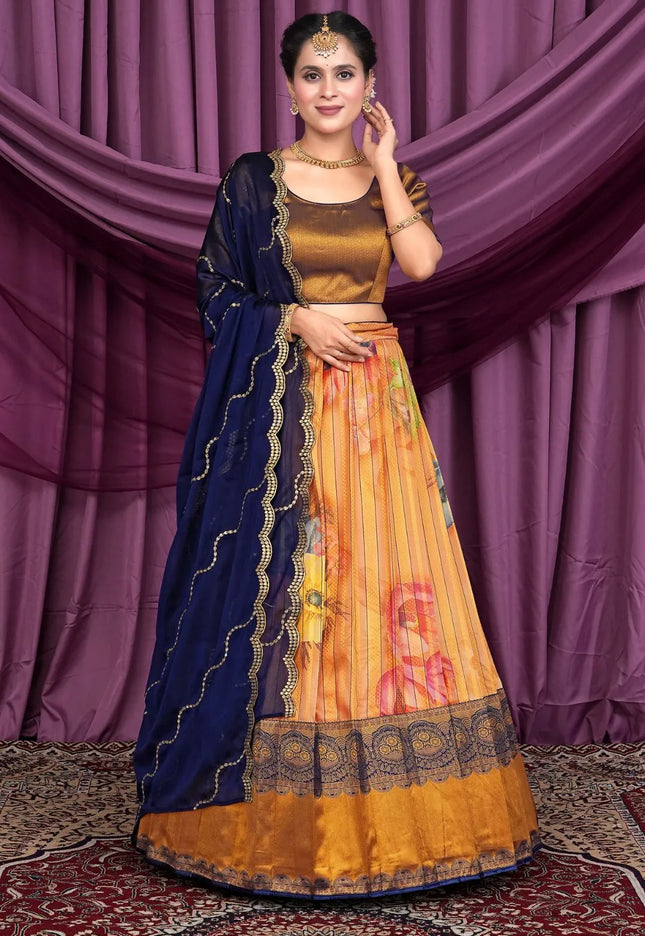 Peach Banglori Slub With Digital Print Lehenga Choli For Women