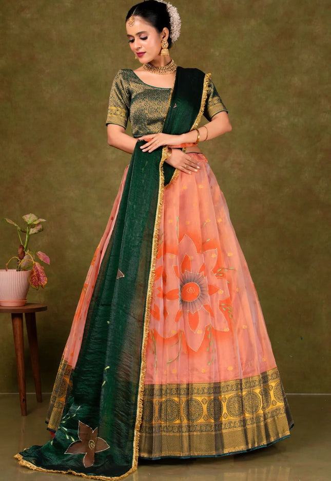Peach Burberry Pattu Lehenga Choli With Digital Print