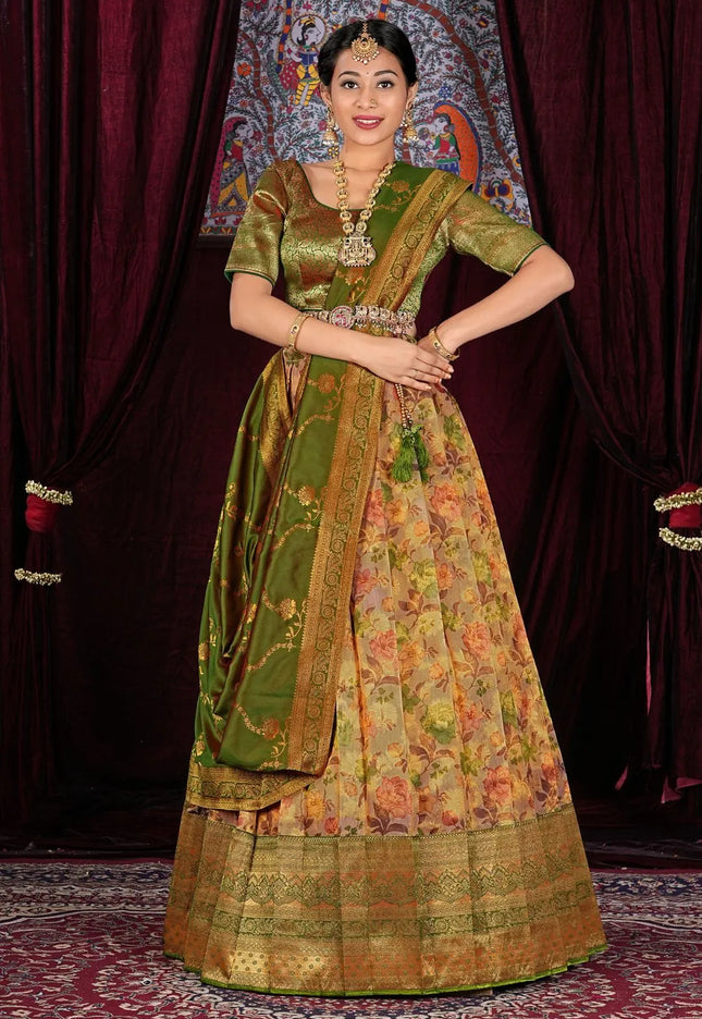 Peach Digital Printed Tissue Lehenga Choli With Dupatta
