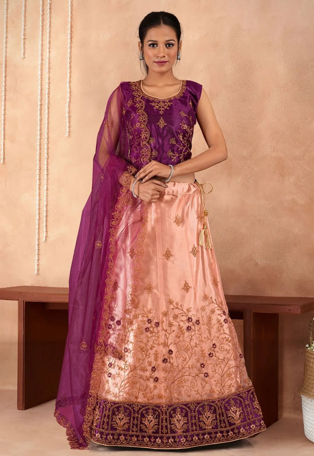 Peach Embroidered Net Readymade Lehenga for Girls