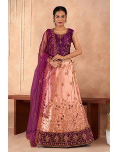 Peach Embroidered Net Readymade Lehenga for Girls