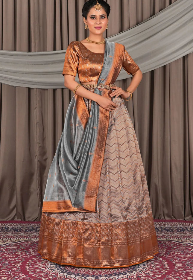 Peach Latest Pure Two Tone Zari Tissue Lehenga Choli