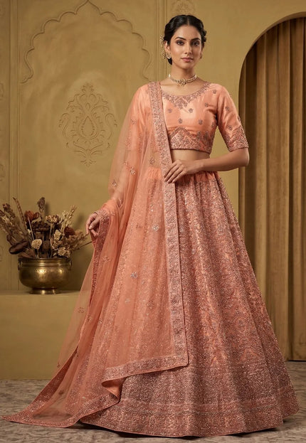 Peach Party wear Embroidered Lehenga Choli For Women