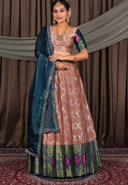 Peach Silk Zari Work Lehenga Choli With Dupatta For Women