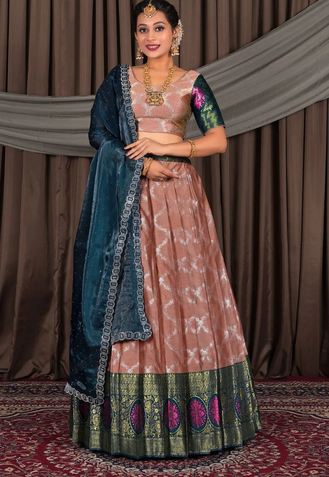 Peach Silk Zari Work Lehenga Choli With Dupatta For Women