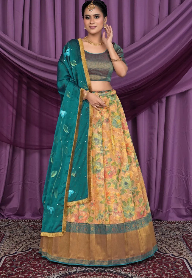 Peach Tissue Silk Digital Print Lehenga Choli For Women
