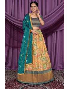 Peach Tissue Silk Digital Print Lehenga Choli For Women