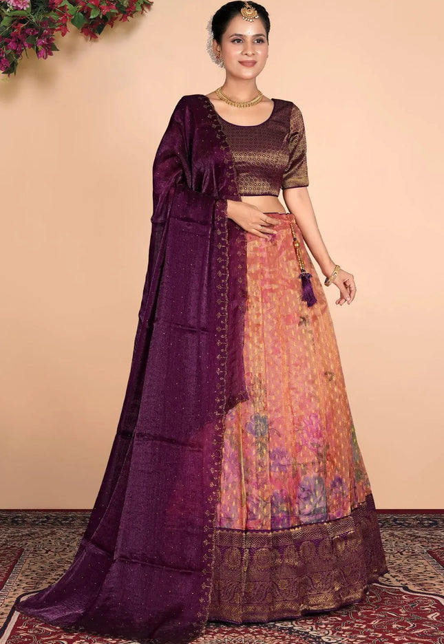Peach Tissue Silk Pattu Lehenga With Digital Print